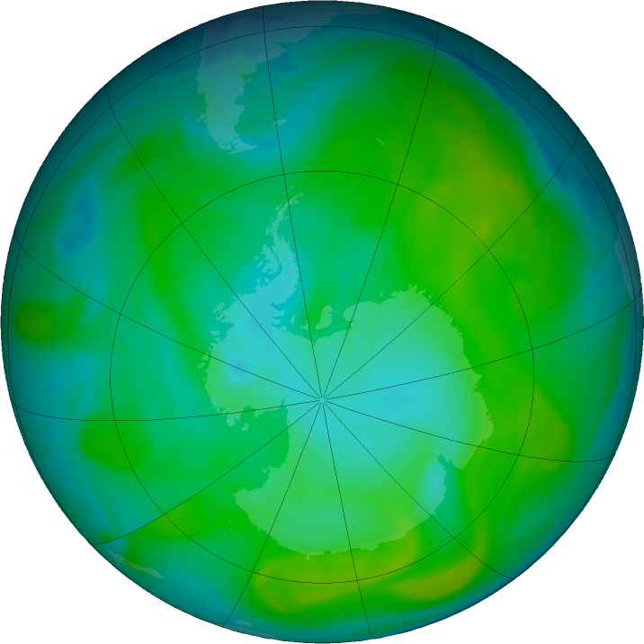 Antarctic ozone map for 13 January 2020